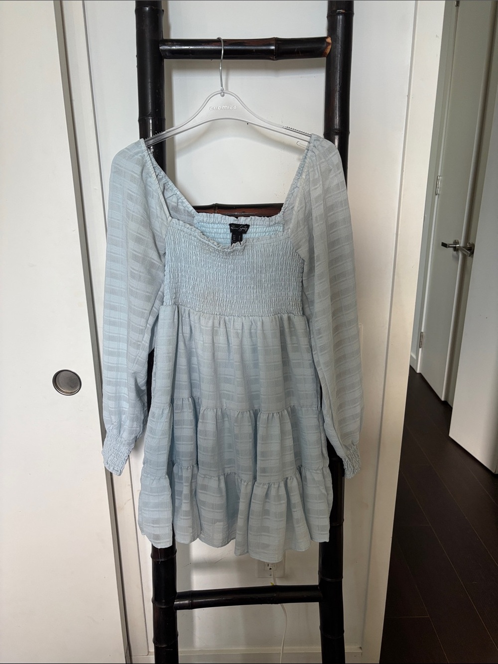 Light Blue Smocked Tiered Mini Dress with Long Sleeves